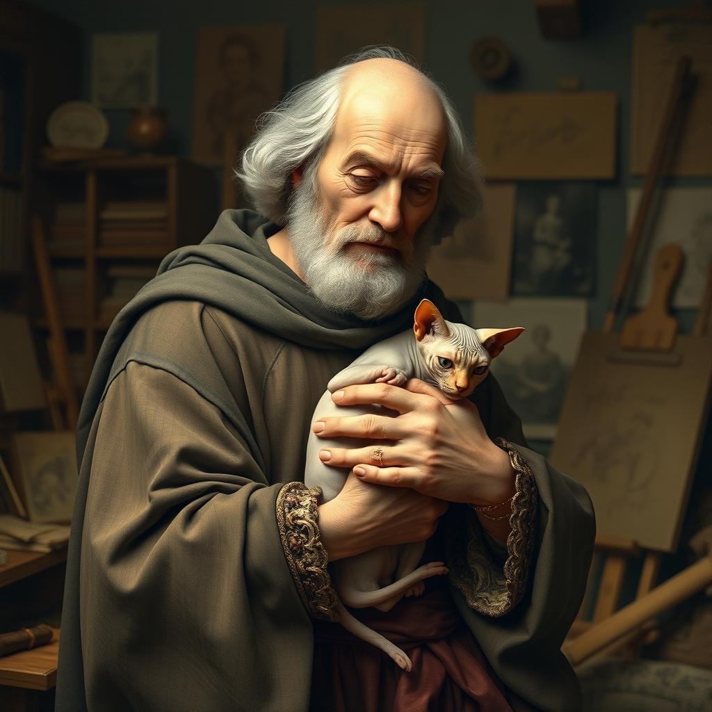 A historical scene depicting Leonardo da Vinci tenderly hugging a Sphynx cat