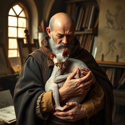 A historical scene depicting Leonardo da Vinci tenderly hugging a Sphynx cat