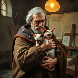 A historical scene depicting Leonardo da Vinci tenderly hugging a Sphynx cat
