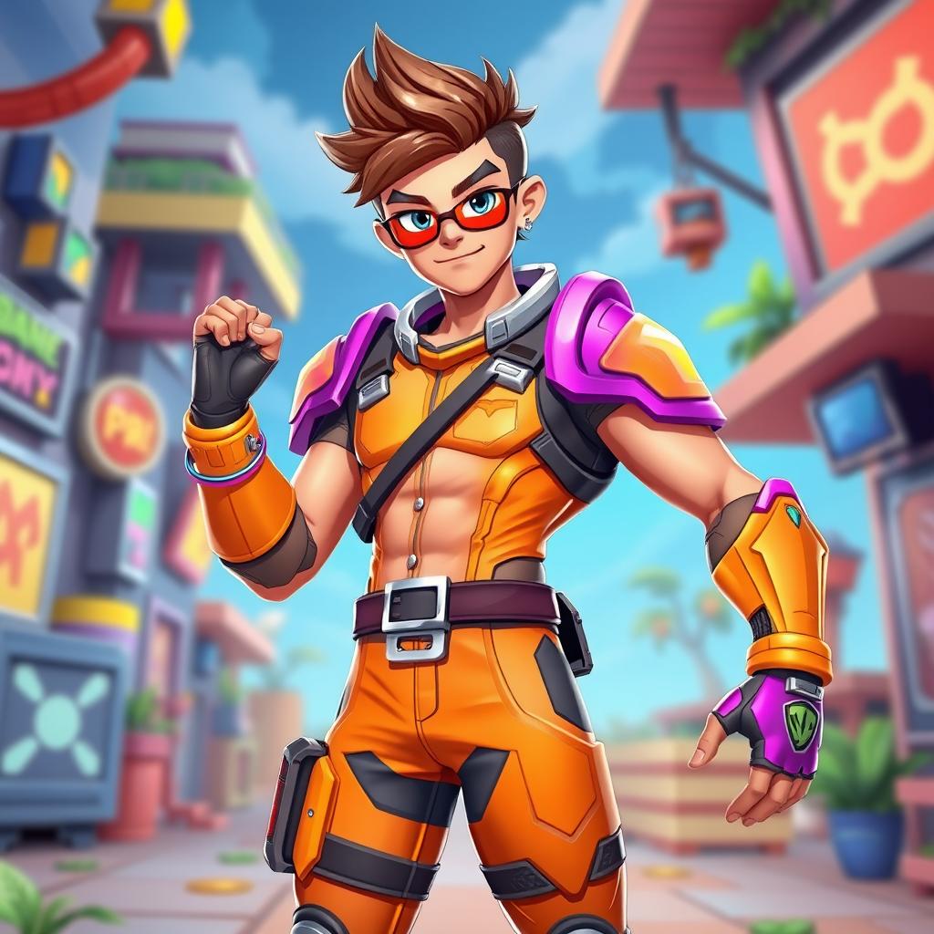 A muscular teenage boy resembling a Fortnite character, wearing bright, vibrant armor and a stylish outfit with futuristic accessories