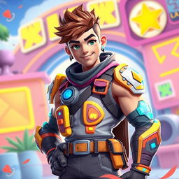 A muscular teenage boy resembling a Fortnite character, wearing bright, vibrant armor and a stylish outfit with futuristic accessories