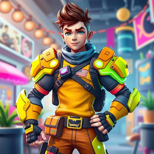 A muscular teenage boy resembling a Fortnite character, wearing bright, vibrant armor and a stylish outfit with futuristic accessories