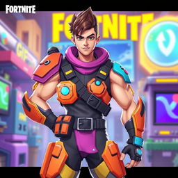 A muscular teenage boy resembling a Fortnite character, wearing bright, vibrant armor and a stylish outfit with futuristic accessories