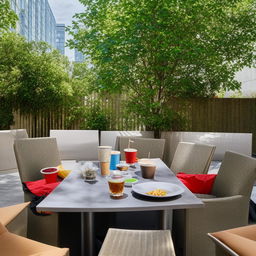 An outdoor scene featuring a table laden with tea, coffee, and fast food items, surrounded by empty chairs hinting towards a casual chit-chat environment.