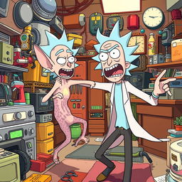 A Sphynx cat playfully attacking Rick from the animated series Rick and Morty, depicting Rick in a frantic escape