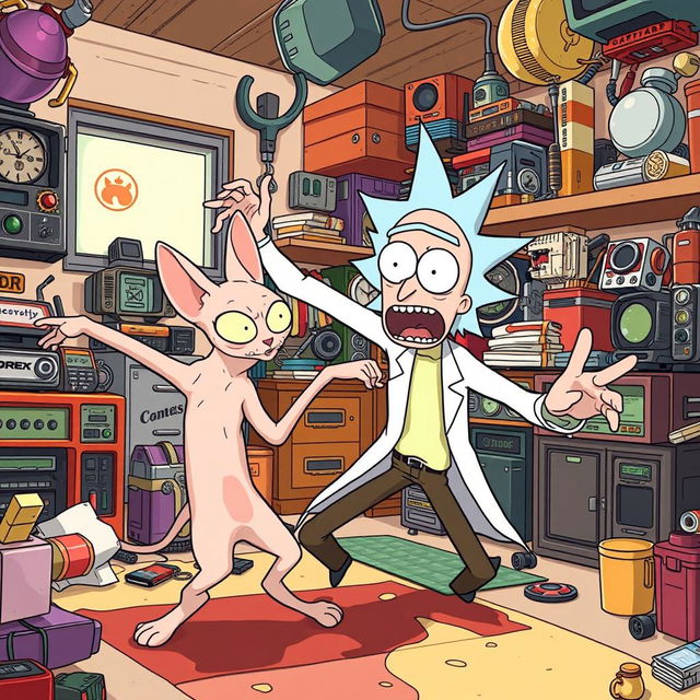 A Sphynx cat playfully attacking Rick from the animated series Rick and Morty, depicting Rick in a frantic escape