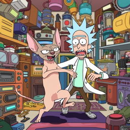 A Sphynx cat playfully attacking Rick from the animated series Rick and Morty, depicting Rick in a frantic escape