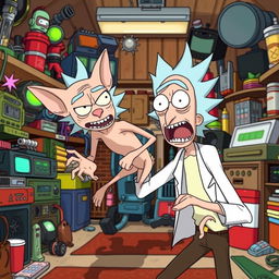 A Sphynx cat playfully attacking Rick from the animated series Rick and Morty, depicting Rick in a frantic escape