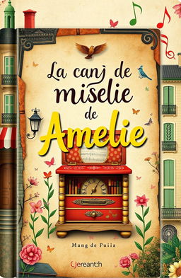 A book cover for a musical educational program titled 'La caja de música de Amelie', inspired by the whimsical and charming visual style of the film Amelie