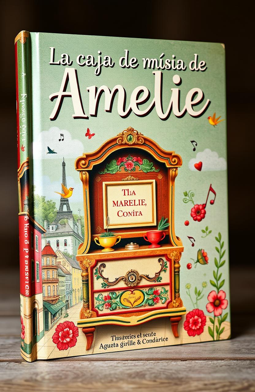 A book cover for a musical educational program titled 'La caja de música de Amelie', inspired by the whimsical and charming visual style of the film Amelie