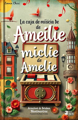 A book cover for a musical educational program titled 'La caja de música de Amelie', inspired by the whimsical and charming visual style of the film Amelie
