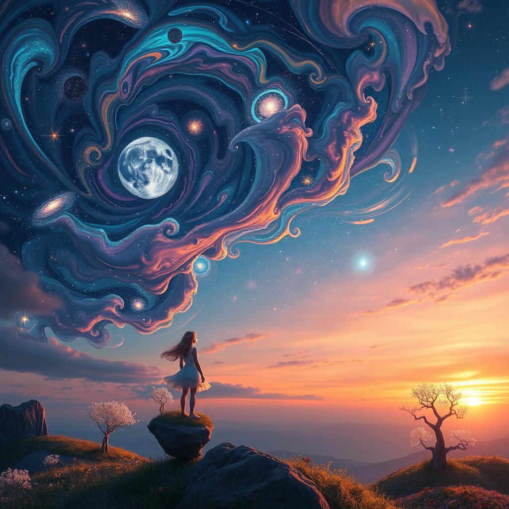 A surreal landscape titled 'Beyond the Dream' featuring a vibrant, colorful sky filled with swirling galaxies and stars