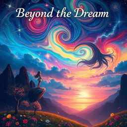 A surreal landscape titled 'Beyond the Dream' featuring a vibrant, colorful sky filled with swirling galaxies and stars