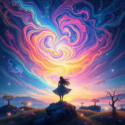 A surreal landscape titled 'Beyond the Dream' featuring a vibrant, colorful sky filled with swirling galaxies and stars