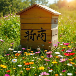 A large beehive located in the middle of a vibrant green meadow filled with colorful flowers