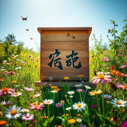 A large beehive located in the middle of a vibrant green meadow filled with colorful flowers