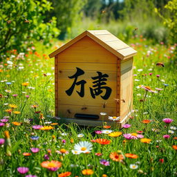 A large beehive located in the middle of a vibrant green meadow filled with colorful flowers