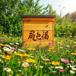 A large beehive located in the middle of a vibrant green meadow filled with colorful flowers