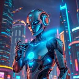 A futuristic humanoid robot with sleek metallic features, glowing blue accents, and intricate designs, standing in a high-tech cityscape at night
