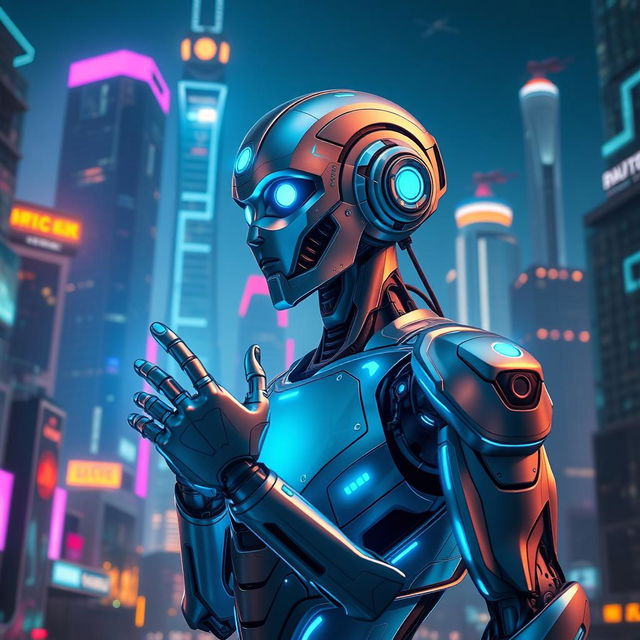 A futuristic humanoid robot with sleek metallic features, glowing blue accents, and intricate designs, standing in a high-tech cityscape at night