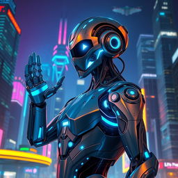 A futuristic humanoid robot with sleek metallic features, glowing blue accents, and intricate designs, standing in a high-tech cityscape at night