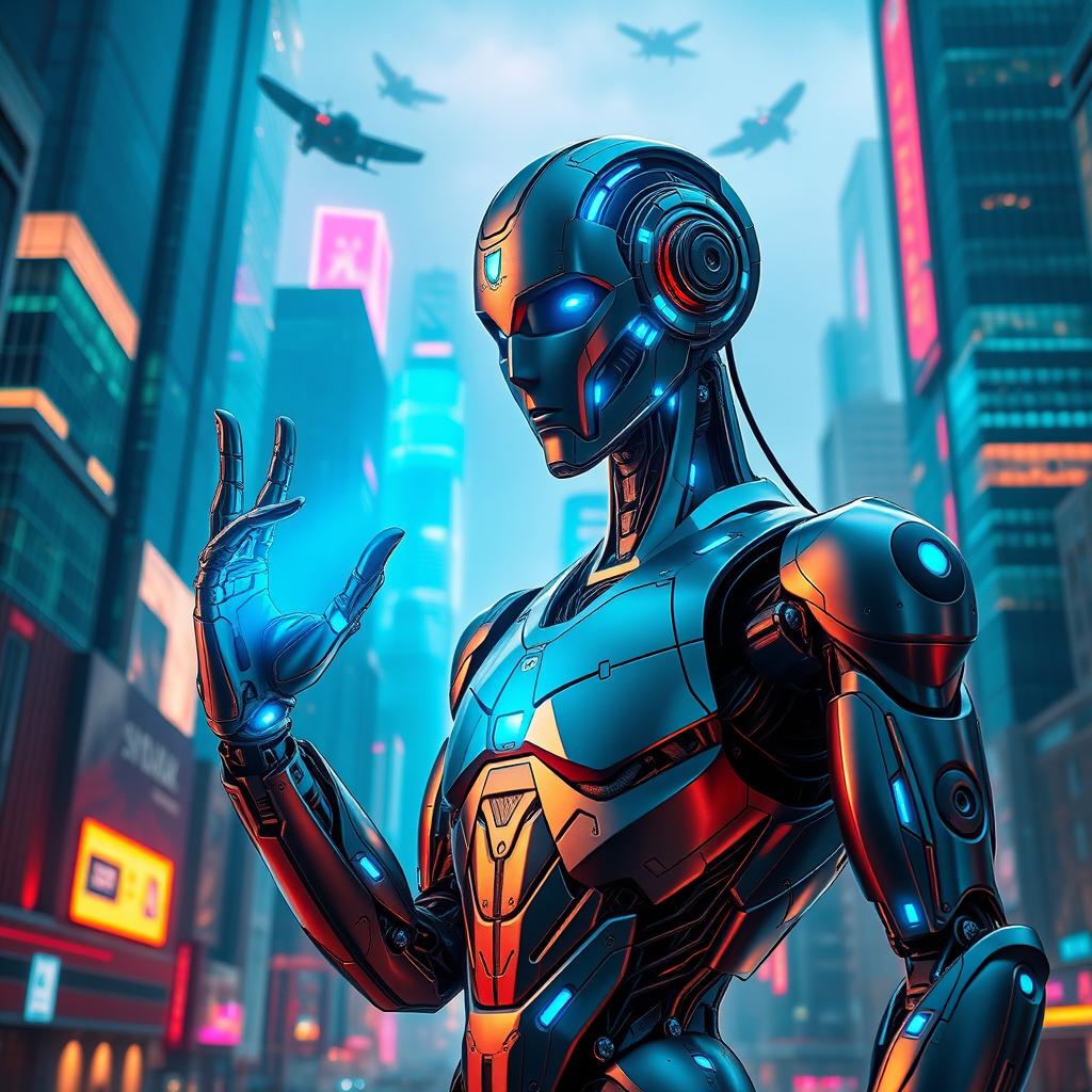 A futuristic humanoid robot with sleek metallic features, glowing blue accents, and intricate designs, standing in a high-tech cityscape at night