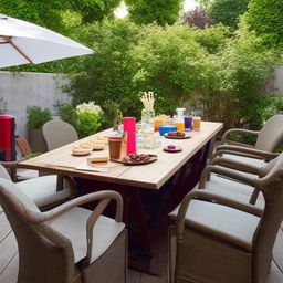 An outdoor scene featuring a table laden with tea, coffee, and fast food items, surrounded by empty chairs hinting towards a casual chit-chat environment.