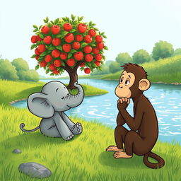 By the riverside, a small gray elephant and a cute brown monkey are deep in thought, sitting side by side on a grassy bank