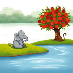 By the riverside, a small gray elephant and a cute brown monkey are deep in thought, sitting side by side on a grassy bank