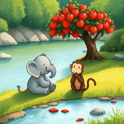 By the riverside, a small gray elephant and a cute brown monkey are deep in thought, sitting side by side on a grassy bank