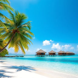A stunning tropical beach scene with crystal-clear turquoise waters and soft white sand, featuring palm trees swaying gently in the warm breeze