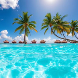 A stunning tropical beach scene with crystal-clear turquoise waters and soft white sand, featuring palm trees swaying gently in the warm breeze