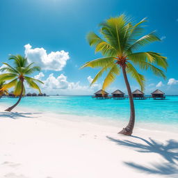 A stunning tropical beach scene with crystal-clear turquoise waters and soft white sand, featuring palm trees swaying gently in the warm breeze