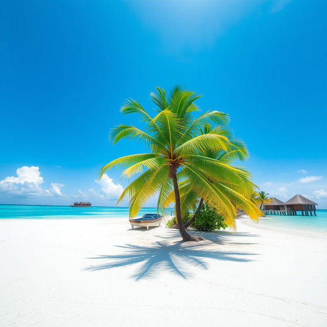 A stunning tropical beach scene with crystal-clear turquoise waters and soft white sand, featuring palm trees swaying gently in the warm breeze