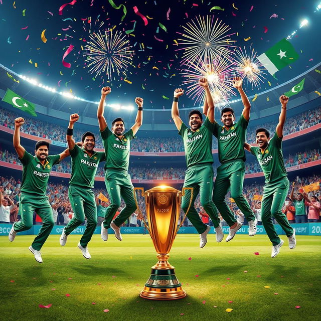 A vibrant and celebratory scene depicting the Pakistan cricket team winning the ICC Champions Trophy 2025