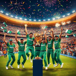 A vibrant and celebratory scene depicting the Pakistan cricket team winning the ICC Champions Trophy 2025