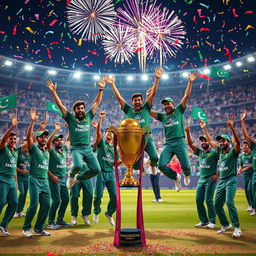 A vibrant and celebratory scene depicting the Pakistan cricket team winning the ICC Champions Trophy 2025