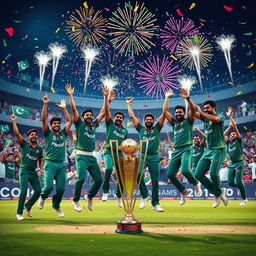 A vibrant and celebratory scene depicting the Pakistan cricket team winning the ICC Champions Trophy 2025