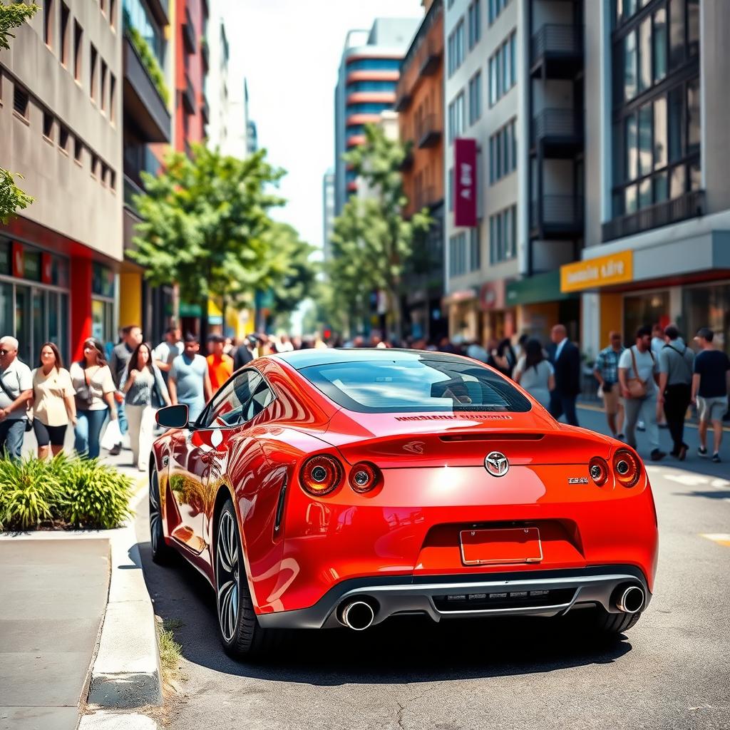 An urban scene with a vibrant atmosphere, showcasing a busy street filled with people engaged in their daily activities
