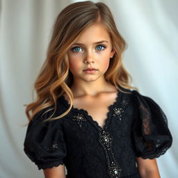 A beautiful girl wearing a stunning black Lori dress that elegantly drapes around her figure, showcasing intricate patterns and embellishments