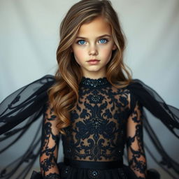 A beautiful girl wearing a stunning black Lori dress that elegantly drapes around her figure, showcasing intricate patterns and embellishments