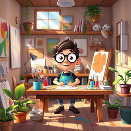 A vibrant cartoon-style animated image featuring a cozy artist's studio