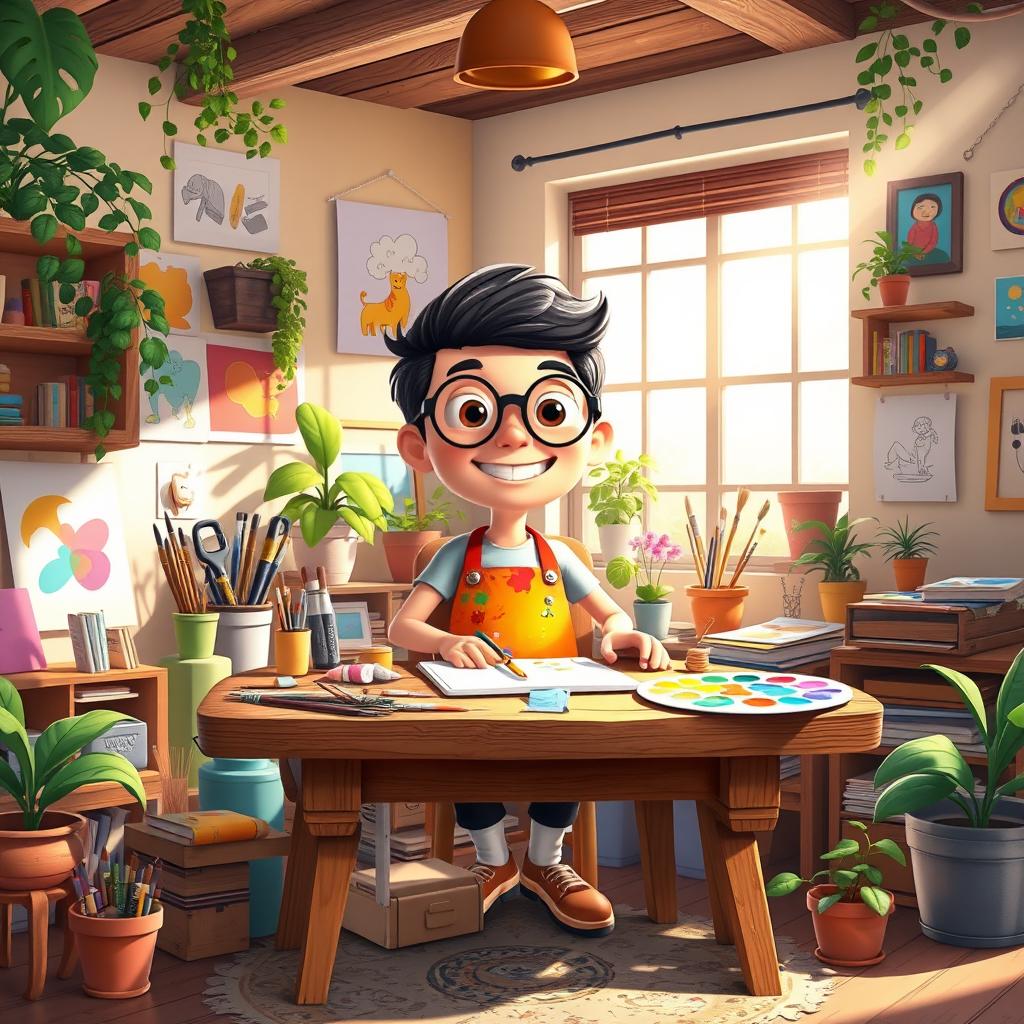 A vibrant cartoon-style animated image featuring a cozy artist's studio