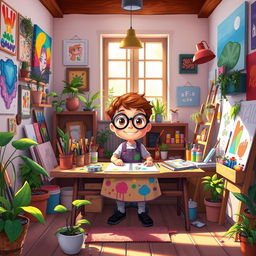 A vibrant cartoon-style animated image featuring a cozy artist's studio