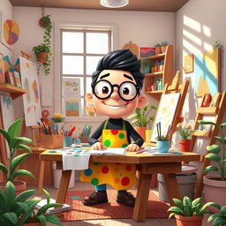 A vibrant cartoon-style animated image featuring a cozy artist's studio