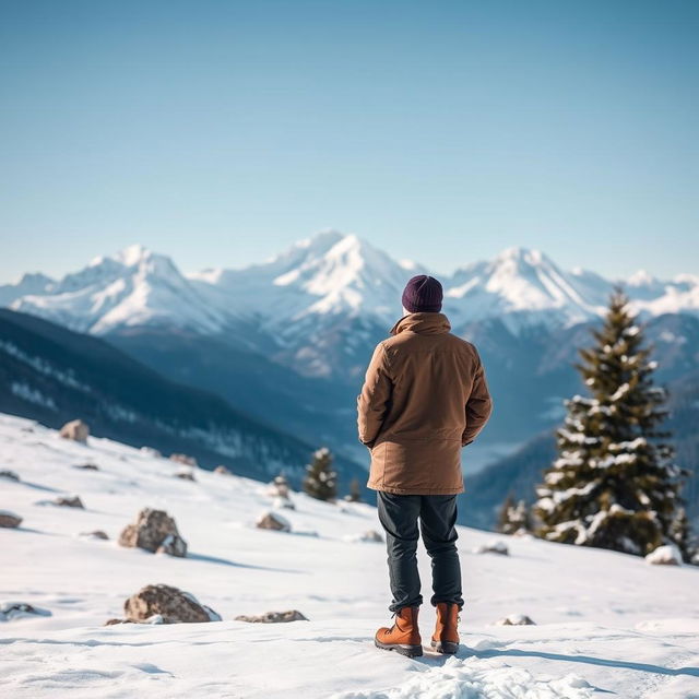 A solitary man standing with his back facing the viewer, gazing out over a breathtaking landscape of snowy mountains