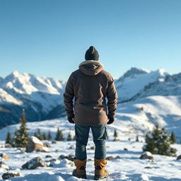 A solitary man standing with his back facing the viewer, gazing out over a breathtaking landscape of snowy mountains