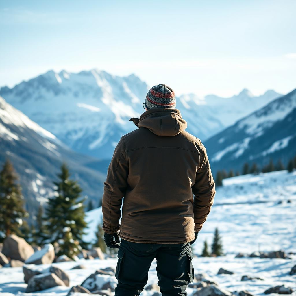 A solitary man standing with his back facing the viewer, gazing out over a breathtaking landscape of snowy mountains