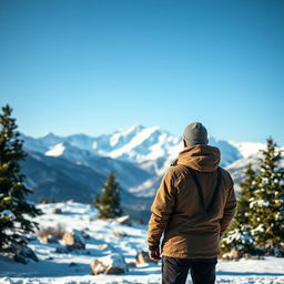 A solitary man standing with his back facing the viewer, gazing out over a breathtaking landscape of snowy mountains
