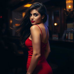 A seductive and alluring woman with flowing dark hair, wearing a stylish and form-fitting red dress that accentuates her curves
